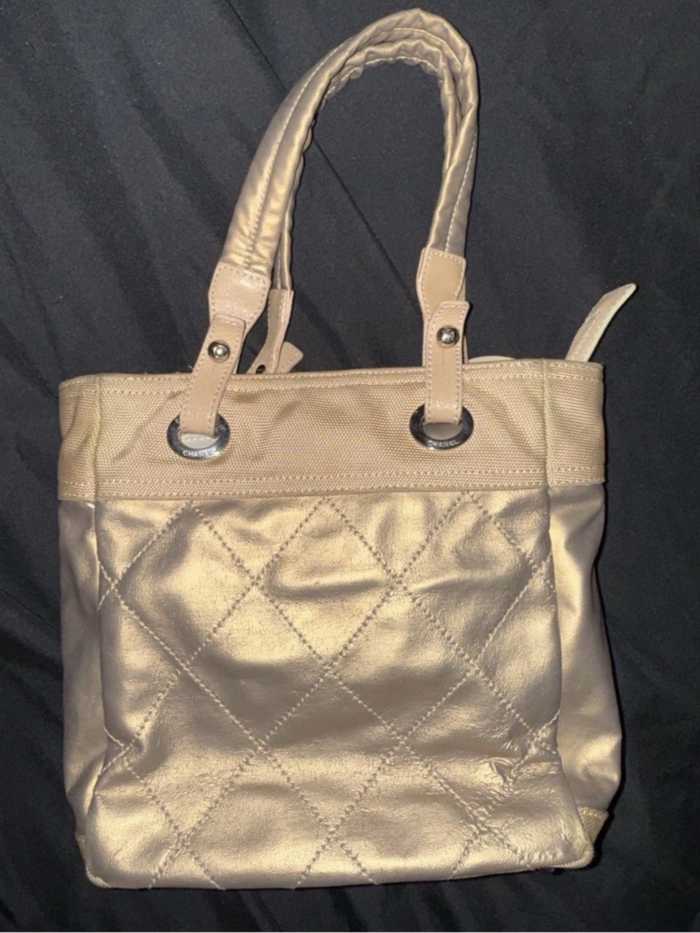 CHANEL Paris Biarritz PM Tote Bag Gold Matelasse Canvas CC - Picture 5 of 17